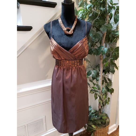 Roulette Women Brown Belted Spaghetti Straps Surplice Neck Knee Length Dress 12 - Picture 12 of 14